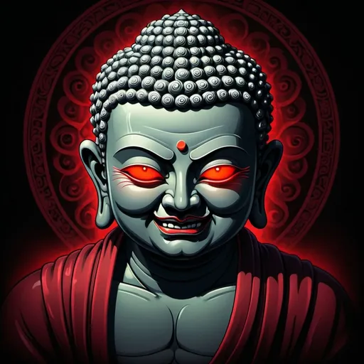 Prompt: Cartoon-style depiction of a sinister Buddha with an evil smile, glowing red eyes, ominous atmosphere, dark and eerie color tones, high quality, detailed line work, cartoon, sinister, evil smile, red eyes, ominous atmosphere, dark color tones, detailed, professional, atmospheric lighting