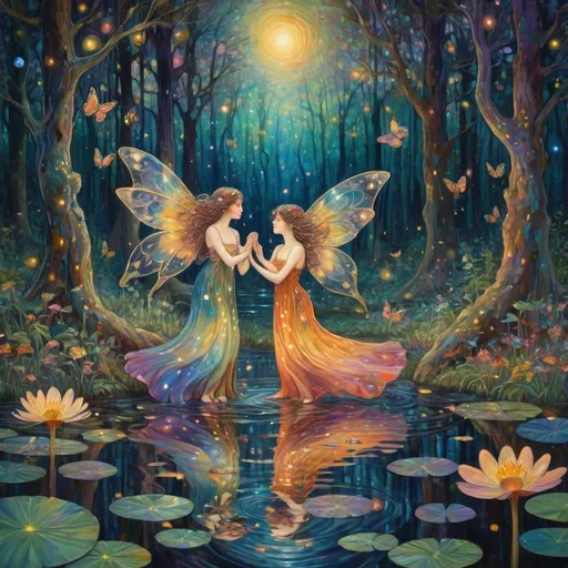 Prompt: small winged fairies characters in the style of Klimt dancing in deep dark multicolor forest,Amidst a quiet forest glade, fireflies in the background around the waters of a serene pond shimmer with kaleidoscopic reflections of the changing sky above. Each ripple, a testament to the wind's whisper, reshapes the radiant colors, embodying the transient nature of introspection. 