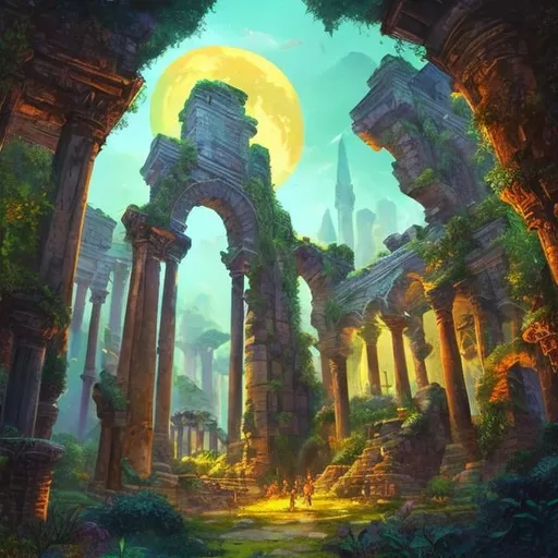 Prompt: Science-based fantasy adventure illustration, lush greenery, ancient ruins, mysterious artifacts, magical energy, path to well being, vibrant colors, mystical lighting, high quality, detailed, fantasy, adventure, ancient, nature, vibrant colors, mystical lighting