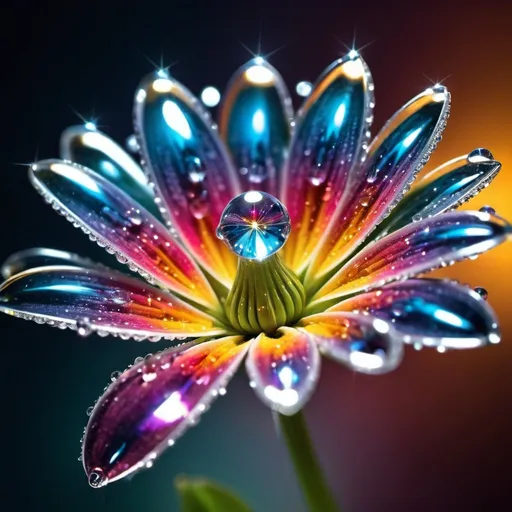 Prompt: Macro photo, sparkling magical fantasy glass flower dewdrop, amazing quality, intricate, cinematic light, highly detailed, beautiful, surreal, dramatic, galaxy fantasy colors, fantasy style, ethereal lighting, intricate details, surreal fantasy, macro photography, magical glass flower, sparkles, vibrant colors, high-quality image, surreal lighting