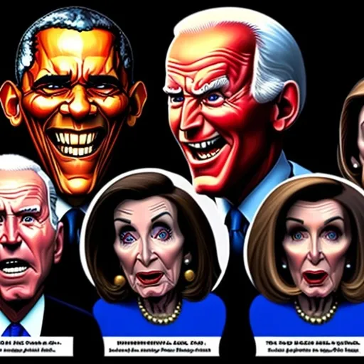 Prompt: Profile images, hyper real, evil devil faces high definition of evil Barack Obama, evil Joe Biden, and evil Speaker Nancy Pelosi in style of Mad Magazine 
