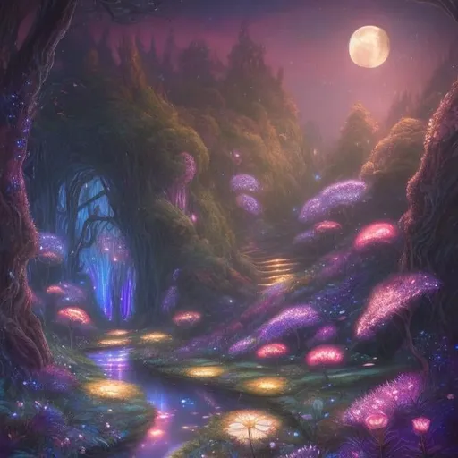 Prompt: Hill with glowing river, magical fairy creatures, moonlit flowers, highres, fantasy, ethereal lighting, detailed nature, mystical, moonlit river, enchanting atmosphere, glowing flora, serene, dreamlike, fantasy creatures, moonlit scene, magical beings, surreal, whimsical, illuminated hill, mystical setting, moonlit landscape, fairytale, vibrant colors, soft moonlight