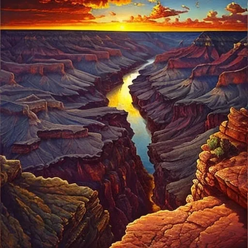 Prompt: Grand Canyon viewed from the very bottom, oil painting, exquisite rock formations, high quality, ultra-detailed, expansive landscape, realistic, majestic sunset, warm and vibrant tones, soft shadows, immense scale, natural wonder, breathtaking scenery, professional, atmospheric lighting