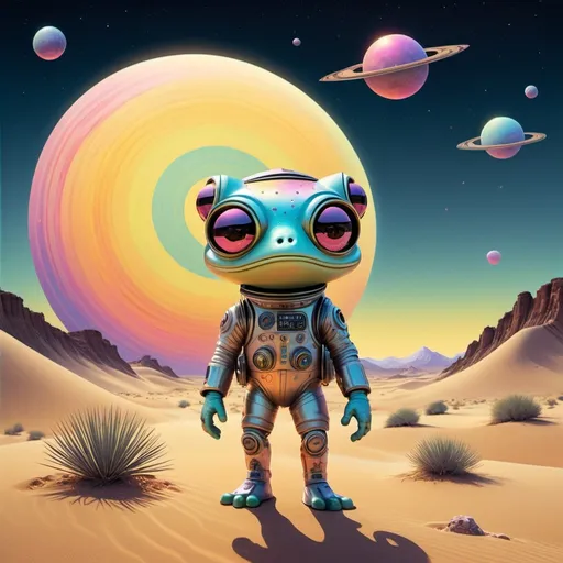 Prompt: A  cute retrofuturistic diva space frog astronaut walking on the sun-bleached dunes of an alien desert world, one oversized moons glowing in the hazy midnight sky behind her. She’s radiant and defiant, rendered in a richly illustrated retrofuturist style—part La Planète Sauvage etching, part psychedelic poster collage. Every contour is inked with soft black lines and stippled shadows, colors glowing in holofractal iridescence.


The entire image is stylized as a collage of illustrated analog textures—grainy retro color overlays, halftone patterns, print shift misalignments—giving it the feel of a lost pulp sci-fi page torn from the back of time and taped together with dream logic.

Art style: retrofuturist analog sci-fi illustration blended with La Planète Sauvage aesthetics, psychedelic collage techniques
Color palette: radiant iridescent holofractals, muted desert pastels, jet black illusion lines, popping electric rainbows
Mood: cosmic diva energy, playfully apocalyptic; like if Lisa Frank got recruited by a 1970s French animation studio and handed a glitter gun.
