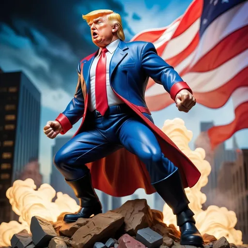 Prompt: Donald Trump hero figure, intense action scene, high-contrast colors, dynamic lighting, dramatic shadows, detailed cityscape, patriotic theme, heroic stance, vibrant and bold, high quality, comic book style, intense action, patriotic colors, dramatic lighting