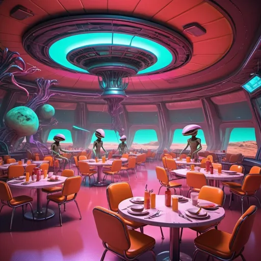 Prompt:  Cafeteria style diner on Mars, Martians enjoying alien food, dining room with aliens sitting at table and chairs, futuristic neon-lit environment, high-tech 3D rendering, vibrant colors, whimsical alien creatures, towering structure, detailed alien food, vivid lighting, high quality, 3D rendering, futuristic, vibrant neon colors, whimsical, detailed environment