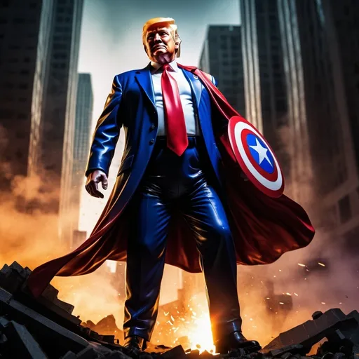 Prompt: Donald Trump hero figure, intense action scene, high-contrast colors, dynamic lighting, dramatic shadows, detailed cityscape, patriotic theme, heroic stance, vibrant and bold, high quality, comic book style, intense action, patriotic colors, dramatic lighting