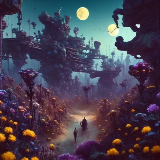 Prompt: Cowboy jester, surreal floral landscapes, high-tech cultivation, cybernetic workers, best quality, highres, ultra-detailed, futuristic, warm ambient lighting, aesthetics, ambient lighting, surreal, cybernetic, floral landscapes, cowboy jester, high-tech cultivation, detailed, warm tones