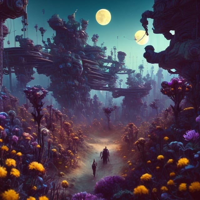 Prompt: Cowboy jester, surreal floral landscapes, high-tech cultivation, cybernetic workers, best quality, highres, ultra-detailed, futuristic, warm ambient lighting, aesthetics, ambient lighting, surreal, cybernetic, floral landscapes, cowboy jester, high-tech cultivation, detailed, warm tones