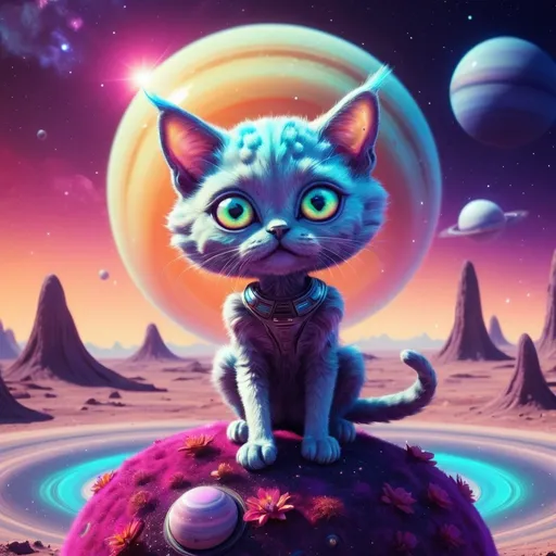 Prompt: Cute alien cat on Saturn, digital art, vibrant colors, whimsical, surreal, surreal landscape, alien flora, high quality, detailed fur, sparkly eyes, cute and expressive, space atmosphere, futuristic, alien planet, playful, vibrant lighting, adorable, fantasy