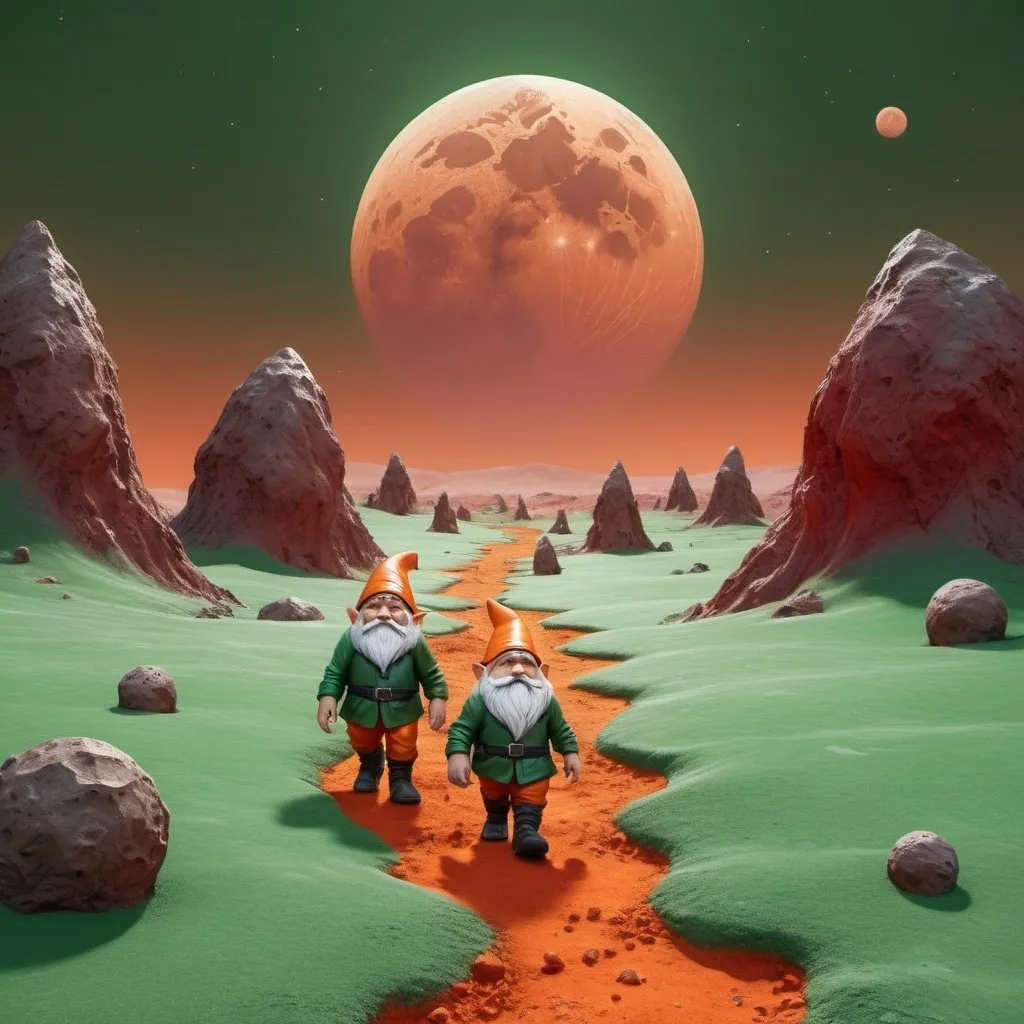 Prompt: Gnome family walking on the green surface of the red moon, realistic digital art, lunar landscape with orange Earth in the sky, detailed lunar terrain, highres, realistic style, green moon surface, gnome character design, futuristic space setting, mysterious atmosphere, professional, realistic lighting, detailed moon rocks, surreal, high quality