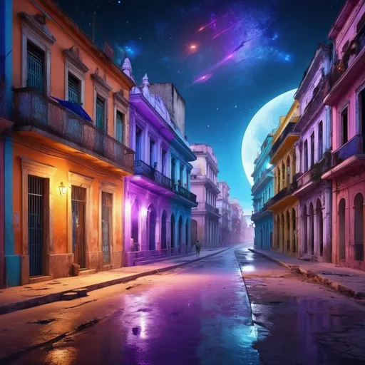 Prompt: create a street scene in Havana in the 1930 at night, street lights illuminating, colorful buildings of the period, ,unreal engine, highly detailed, best quality, highres, bright colors, glowing blue orange and purple, meteor shower in background, illustration, masterpiece, atmospheric lighting, surreal, futuristic, detailed wings, lunar surface, alien, vibrant tones, otherworldly, intense colors, vibrant atmosphere