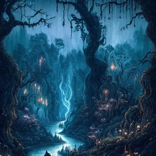 Prompt: Dark forest with glowing river, small gargoyle like creatures throughout the forest, fireflies, moonlit flowers, highres, fantasy, ethereal lighting, detailed nature, mystical, moonlit river, enchanting atmosphere, glowing flora, serene, dreamlike, fantasy creatures, moonlit scene, magical beings, surreal, whimsical, illuminated hill, mystical setting, moonlit landscape, fairytale, vibrant colors, soft moonlight