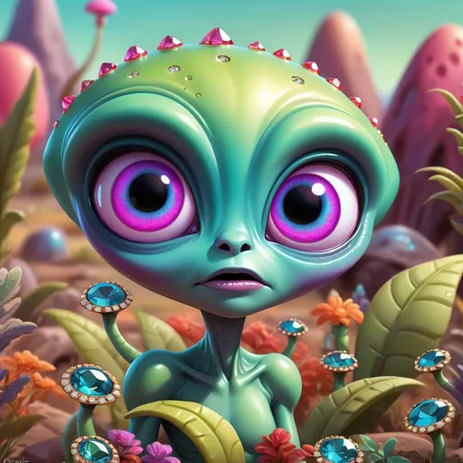 Prompt: Whimsical, cute alien, cartoon style, girlie diamond and gems bling, vibrant colors, large expressive eyes, playful demeanor, alien landscape, otherworldly plants, best quality, high resolution, vibrant, cartoon, cute, whimsical, otherworldly, playful, expressive eyes, alien landscape, vibrant colors, professional