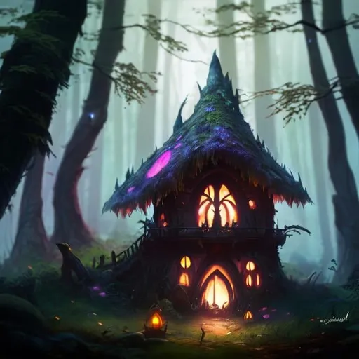 Prompt:  small multicolored creature with eerie pink glowing eyes, lurking in thick wooded stand of trees beside a tiny fantasy fairy cottage with firelight glowing in windows, muted moonlight, deep forest, high quality, dark and eerie, detailed eyes, atmospheric lighting