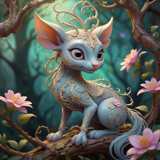 Prompt: Anime-style digital painting of a mystical creature, intricate pose with filigree details, detailed digital art, romantic and cute, luminism, dynamic lighting, complex background, highly detailed, fantasy, flowers, tree branches, dynamic lighting, intricate, cute, professional, professional art quality, WLOP style, Greg Rutkowski style, Mandy Disher style, Craola style, cool tones, atmospheric lighting