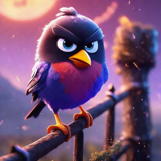 Prompt: Angry Bird sitting on top of a fence post in bright daylight, funny, unreal engine, highly detailed, best quality, highres, bright colors, glowing blue orange and purple, meteor shower in background, illustration, masterpiece, atmospheric lighting, surreal, futuristic, detailed wings, lunar surface, alien, vibrant tones, otherworldly, intense colors, vibrant atmosphere