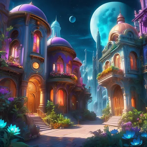 Prompt: Outer space town street scene on another planet, hyperbole, ornate buildings with multiple colors mixed plants and flowers, moonlit atmosphere, colorful and relaxed vibe, fantasy style, eerie lighting, ornate architecture, moonlight glow, fantasy, relaxed atmosphere, vibrant colors, otherworldly, fantasy vibe, ornate details, fantasy lighting, futuristic twist, exotic ambiance