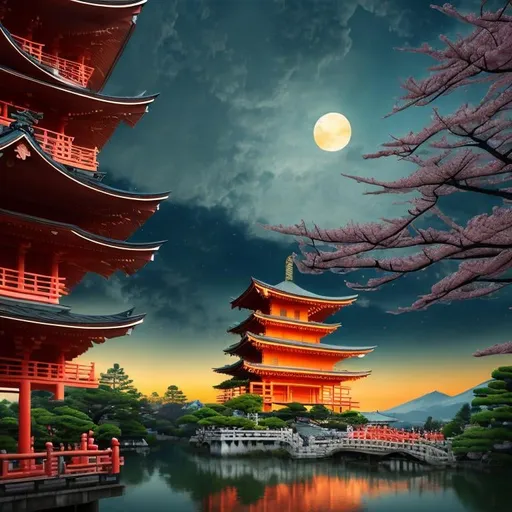 Prompt: Capture the breathtaking beauty of a sunset over japanese temple at sunset with cherry blossoms, in a symbolic and meaningful style, insanely detailed and intricate, hypermaximalist, elegant, ornate, hyper realistic, super detailed with vibrant hues painting the sky and reflecting off the calm waters., HD, Effervescent, magical creatures, moonlit flowers, high res, fantasy, ethereal lighting, detailed nature, mystical, moonlit river, enchanting atmosphere, glowing flora, serene, dreamlike, fantasy creatures, moonlit scene, magical beings, surreal, whimsical, illuminated hill, mystical setting, moonlit landscape, fairytale, vibrant colors, soft moonlight, illustration, photograph