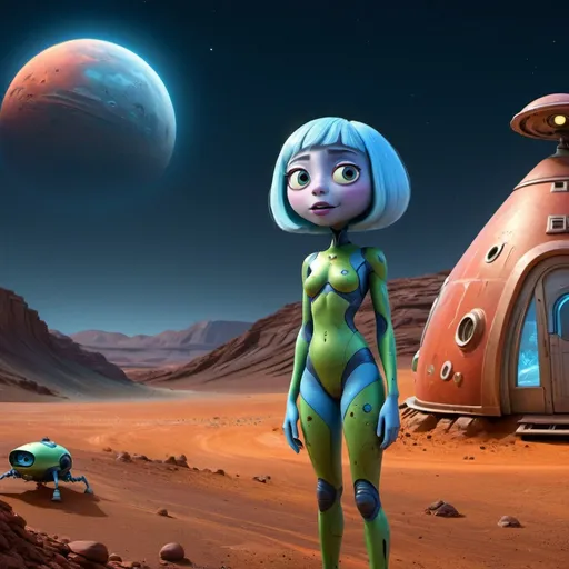 Prompt: Lady Gaga as Martian standing in front of small dwelling on Mars, blue moonlight, detailed facial features, futuristic sci-fi illustration, vibrant colors, imaginative, highres, ultra-detailed, alien, LGBTQ+, unique design, atmospheric lighting, otherworldly, futuristic fashion, cosmic landscape