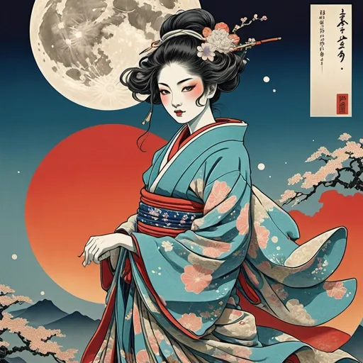 Prompt: Moonwalker in vibrant ukiyo-e style, surreal and dreamlike, intricate details on traditional clothing, flowing robes with ethereal patterns, bold and vibrant colors, detailed brushstrokes, high-res, detailed, ukiyo-e, surreal, moonwalker, vibrant colors, intricate designs, traditional clothing, dreamlike, detailed brushstrokes, surreal and dreamlike, vivid colors, vibrant ukiyo-e, detailed traditional clothing, high-quality, surreal and dreamlike, detailed brushstrokes