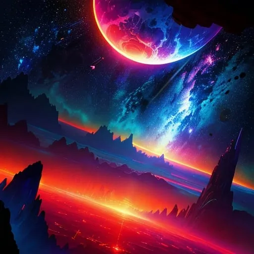 Prompt: Planetary space scene with epic cinematic brilliance, stunning intricate details, maximalist digital gauche painting, dramatic atmosphere, high quality, brilliant colors, intricate details, maximalist, cinematic, planetary space, digital painting, dramatic atmosphere, atmospheric lighting