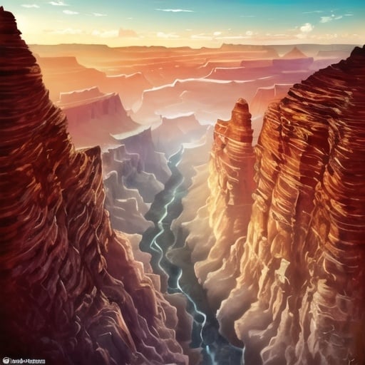 Prompt: Grand Canyon viewed from the bottom, oil painting, rugged rock formations, deep earthy tones, golden sunlight filtering through, ultra-detailed, realistic, majestic landscape, natural beauty, high contrast, traditional art, warm tones, dramatic lighting