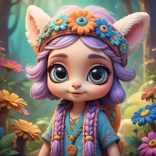 Prompt: High-quality digital illustration of a hippie style, ornate, wearing headband, cute and friendly animal mascot, vibrant and playful color palette, soft and cuddly fur texture, adorable big eyes, endearing expression, whimsical fantasy setting, magical fairy-tale environment, dreamy and enchanting atmosphere, 3D rendering, vibrant colors, fantasy, cute mascot, soft fur texture, big eyes, dreamy setting, magical atmosphere, high quality, vibrant color palette for a Memecoin