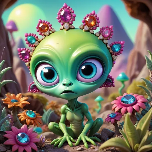 Prompt: Whimsical, cute alien, cartoon style, girlie diamond and gems bling, vibrant colors, large expressive eyes, playful demeanor, alien landscape, otherworldly plants, best quality, high resolution, vibrant, cartoon, cute, whimsical, otherworldly, playful, expressive eyes, alien landscape, vibrant colors, professional
