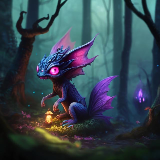 Prompt:  small multicolored creature with eerie pink glowing eyes, lurking in thick wooded stand of trees beside a tiny fantasy fairy cottage with firelight glowing in windows, muted moonlight, deep forest, high quality, dark and eerie, detailed eyes, atmospheric lighting