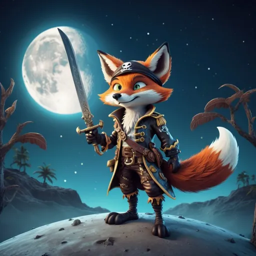 Prompt: Cartoon pirate fox on the moon's surface, holding a gleaming sword, earth in the background, high-res, detailed fur and feathers, vibrant and playful, fantasy, moonlit scene, cool tones, whimsical