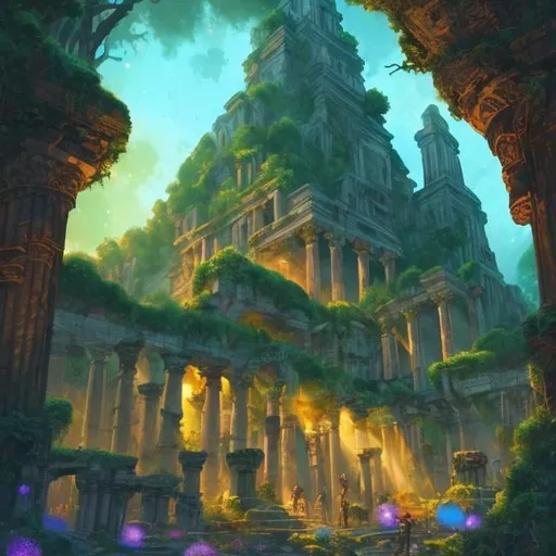 Prompt: Science-based fantasy adventure illustration, lush greenery, magical energy, ancient ruins, mysterious artifacts, vibrant colors, detailed, mystical lighting, high quality, fantasy, adventure