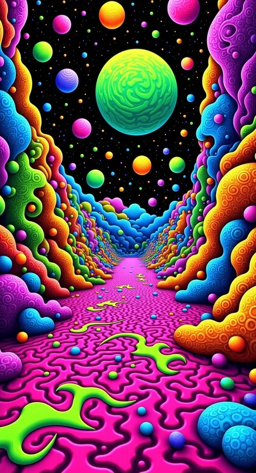 Prompt: Imagine a 3D space  landscape that feels like a surreal, cosmic space. The floor is a mesmerizing op art pattern, whirling orbs, wrigling snakes,  huge alien flowers, reminiscent of Escher's impossible geometry, drawing the eye into infinity. This ground level is alive with fractal mathematics, creating a sense of endless depth and complexity.

The walls of this room are formed by a delicate lattice of microscopic structures, showcasing the intricate beauty of diatoms and radiolarians. These microscopic choices are woven together with the organic textures of mold and lichen, giving the space a living, breathing quality that speaks to the interconnectedness of life.


This cosmic room is further enriched by elements of copper and gold, their warm hues contrasting with the cool blues and silvers of the space. The air is filled with a sense of quantum possibilities, where particles dance in a state of superposition, creating an atmosphere of wonder and curiosity.

---

I hope this prompt gives you the inspiration you need to create a truly unique and captivating scene! If you want me to whip up an image from this prompt, just say the word!