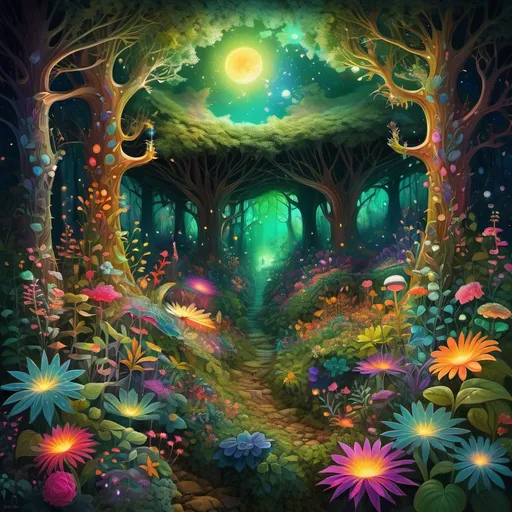 Prompt: (Ultra colorful surreal forest scene) a tisket a tasket, enchanting moonlight other worldly cascading through vibrant foliage, whimsical and unusual flowers in a kaleidoscope of colors, glowing plants emitting a soft luminescent light, rich deep greens and radiant hues blending seamlessly, magical and surreal atmosphere, dense and lively vegetation, sparkling stars above, high detail, ultra-detailed, 4K resolution, captivating and dreamlike ambiance.