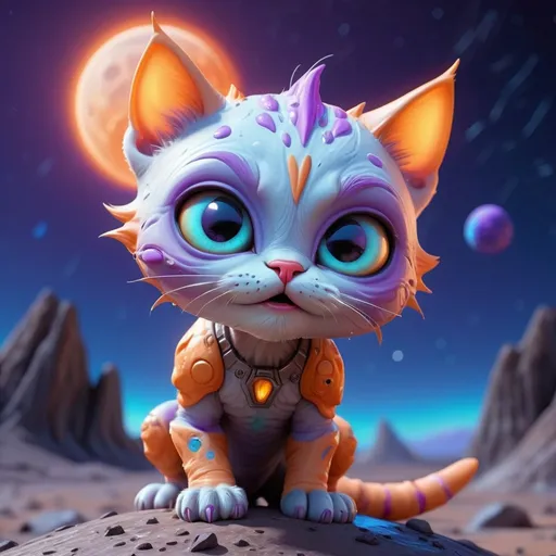 Prompt: ((best quality)), ((illustration)), ((masterpiece)), bright  colors, unreal engine, highres, cute alien kitten
on the surface of the moon, glowing blue orange and purple; meteor shower in background, highly detailed