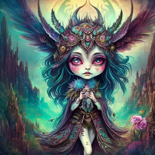 Prompt: mean and evil Fantasy creature,  bohemian with mystical eerie landscape, flying magic insects, kawaii chibi, detailed eyes, vibrant colors, intricate patterns, highres, mystical, whimsical, bohemian, vibrant colors, retro, chibi, celestial, intricate patterns, magic