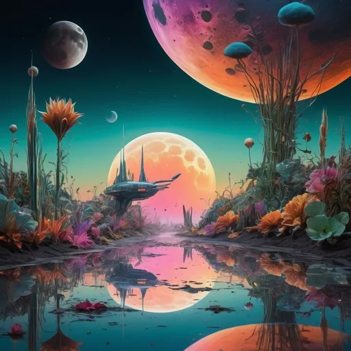 Prompt: surreal world that resembles the skyline of mysterious vegetation on the Moon and ethereal gardens at sunset,  a spaceship landing on the surface with bright and eerie colors mixed in. The reflections in the  water play lengthy tricks on the mind and there a bright-coloured electrifying  birdlike creatures  gracefully gliding along the sky 