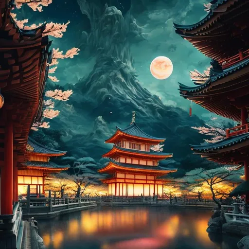 Prompt: Capture the breathtaking beauty of a japanese temple at sunset with cherry blossoms, in a symbolic and meaningful style, insanely detailed and intricate, hypermaximalist, elegant, ornate, hyper realistic, super detailed with vibrant hues painting the sky and reflecting off the calm waters., HD, Effervescent, magical creatures, moonlit flowers, high res, fantasy, ethereal lighting, detailed nature, mystical, moonlit river, enchanting atmosphere, glowing flora, serene, dreamlike, fantasy creatures, moonlit scene, magical beings, surreal, whimsical, illuminated hill, mystical setting, moonlit landscape, fairytale, vibrant colors, soft moonlight, illustration, photograph