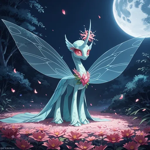 Prompt: In a serene moongarden, bathed in the soft, silvery glow of a full moon, an ethereal scene unfolds amidst the vibrant flora bursting with surreal hues. Luminescent flowers bloom in shades of electric blue and bright magenta, their petals adorned with dew that glistens like diamonds in the moonlight. Wisps of mist curl lazily around the verdant foliage, adding an otherworldly depth. In the center, an alien creature emerges, its delicate, translucent wings catching the moonlight, shimmering with iridescent colors. It gazes curiously, with eyes like shimmering orbs, as moonbeams dance around it, casting playful shadows that stretch across the ground. This dreamlike tableau is perfect for a surrealism style, rich in vivid colors and enchanting details, inviting the viewer to step into a realm beyond imagination.