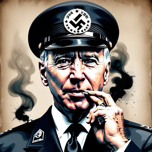Prompt: Joe Biden as Nazi SS officer, dark expression, smoking a joint, evil intent, gritty texture, beard growth, distressed design, bold typography, dark and ominous color palette, decaying visuals, aged paper effect, high contrast, gritty details, professional, highres, dark and ominous, distressed design, bold typography