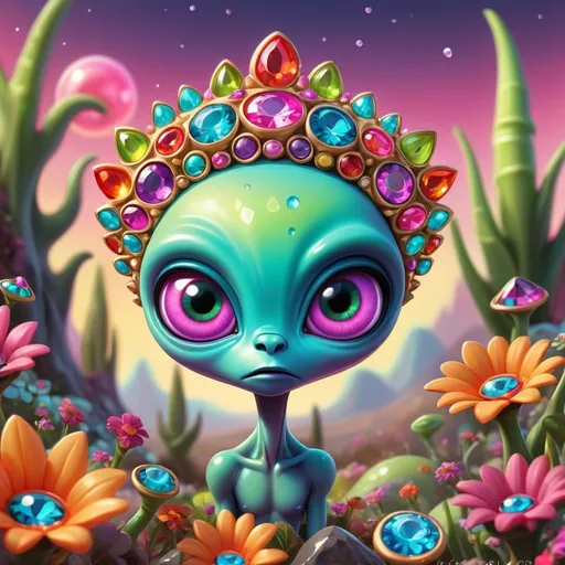 Prompt: Whimsical, cute alien, cartoon style, girlie ultra colorful diamond and gems bling, vibrant colors, large expressive eyes, playful demeanor, alien flowered landscape, otherworldly plants, best quality, high resolution, vibrant, cartoon, cute, whimsical, otherworldly, playful, expressive eyes, alien landscape, vibrant colors, professional