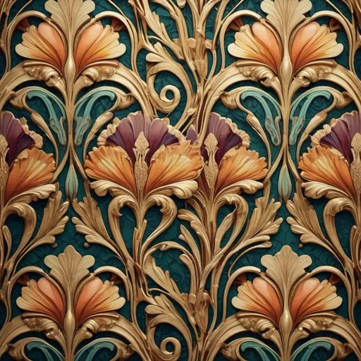 Prompt: Intricate Art Nouveau flower pattern, colorful, detailed design, elegant curves, organic lines, colorful tones, high quality, vintage, decorative, nature-inspired, rich textures, ornate details, luxurious, soft lighting, baroque style, vintage, decorative, luxurious, flowing lines, detailed, elegant, intricate design, colorful, organic lines, gold and earthy tones