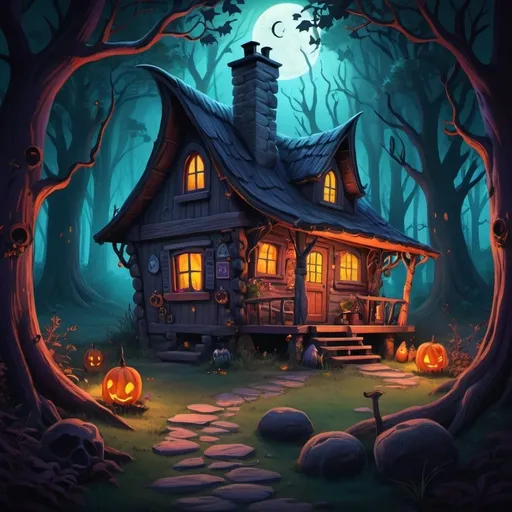 Prompt: dark and spooky illustration of a cozy witch's cabin nestled in the woods, eerie and spooky atmosphere, vibrant and playful colors, whimsical details, high quality, detailed cartoon, magical, forest setting, witch's cottage,  vibrant colors, cozy lighting