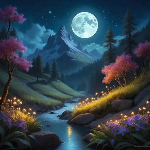 Prompt: Mountain with glowing river, in the style of vermeer, magical creatures, fireflies, moonlit flowers, highres, fantasy, ethereal lighting, detailed nature, mystical, moonlit river, enchanting atmosphere, glowing flora, serene, dreamlike, fantasy creatures, moonlit scene, magical beings, surreal, whimsical, illuminated hill, mystical setting, moonlit landscape, fairytale, vibrant colors, soft moonlight, illustration, photograph