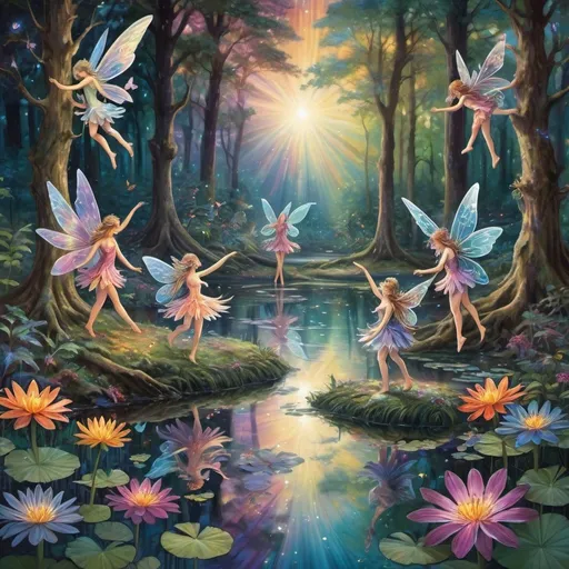 Prompt: small winged fairies characters in deep dark multicolor forest,Amidst a quiet forest glade, with fairies dancing in the background around the waters of a serene pond shimmer with kaleidoscopic reflections of the changing sky above. Each ripple, a testament to the wind's whisper, reshapes the radiant colors, embodying the transient nature of introspection. 