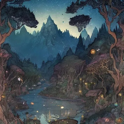 Prompt: Mountain with glowing river, in the style of William Morris, magical creatures, fireflies, moonlit flowers, highres, fantasy, ethereal lighting, detailed nature, mystical, moonlit river, enchanting atmosphere, glowing flora, serene, dreamlike, fantasy creatures, moonlit scene, magical beings, surreal, whimsical, illuminated hill, mystical setting, moonlit landscape, fairytale, vibrant colors, soft moonlight, illustration, photograph