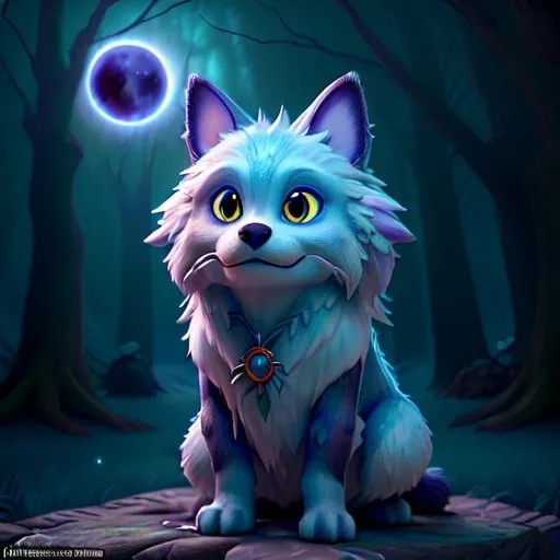 Prompt: Fantasy illustration of a wizard's dog, moonlit forest, mystical atmosphere, detailed fur with magical patterns, intense and mysterious gaze, high-quality, fantasy, mystical, moonlit, detailed fur, mystical atmosphere, magical patterns, intense gaze, moonlit forest, detailed, fantasy style, atmospheric lighting