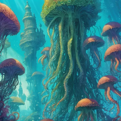 Prompt: Intense underwater seaweed city with brilliant multicolored huse, close up of octopuses, with towering crystals, Moebius style, manga, cel shaded, vibrant blues and greens, intricate details, luminous lighting, highres, ultra-detailed, underwater, art nouveau, Moebius, manga, cel shaded, intense blues, towering crystals, vibrant, luminous lighting