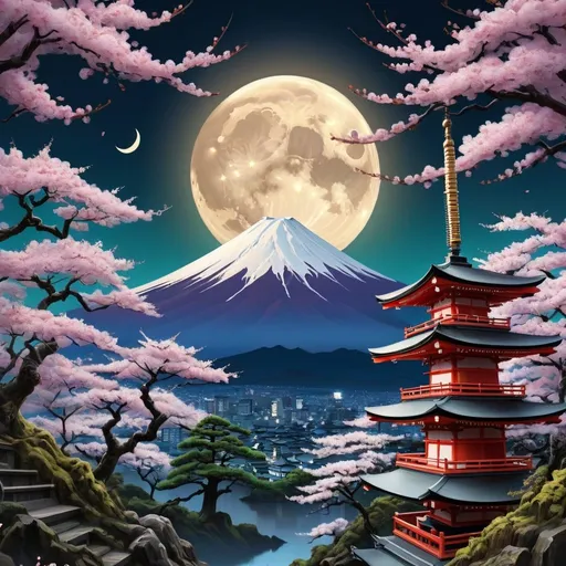 Prompt: landscape Asakusa shrine, forest trees, landscape, mt fuji, cherry blossom trees, sky background, night time, moonlight, illustration, painting, intricate detail on a surreal planet, digital art