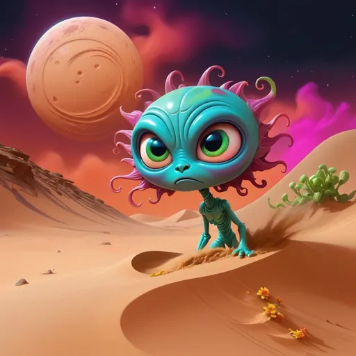 Prompt: violent bright Moon storm , cartoon style, sand storm action on the sand waves on Mars, vibrant colors, playful demeanor, alien flowered landscape, otherworldly plants, best quality, high resolution, vibrant, cartoon, cute, whimsical, otherworldly, playful, expressive eyes, alien landscape, vibrant colors, professional